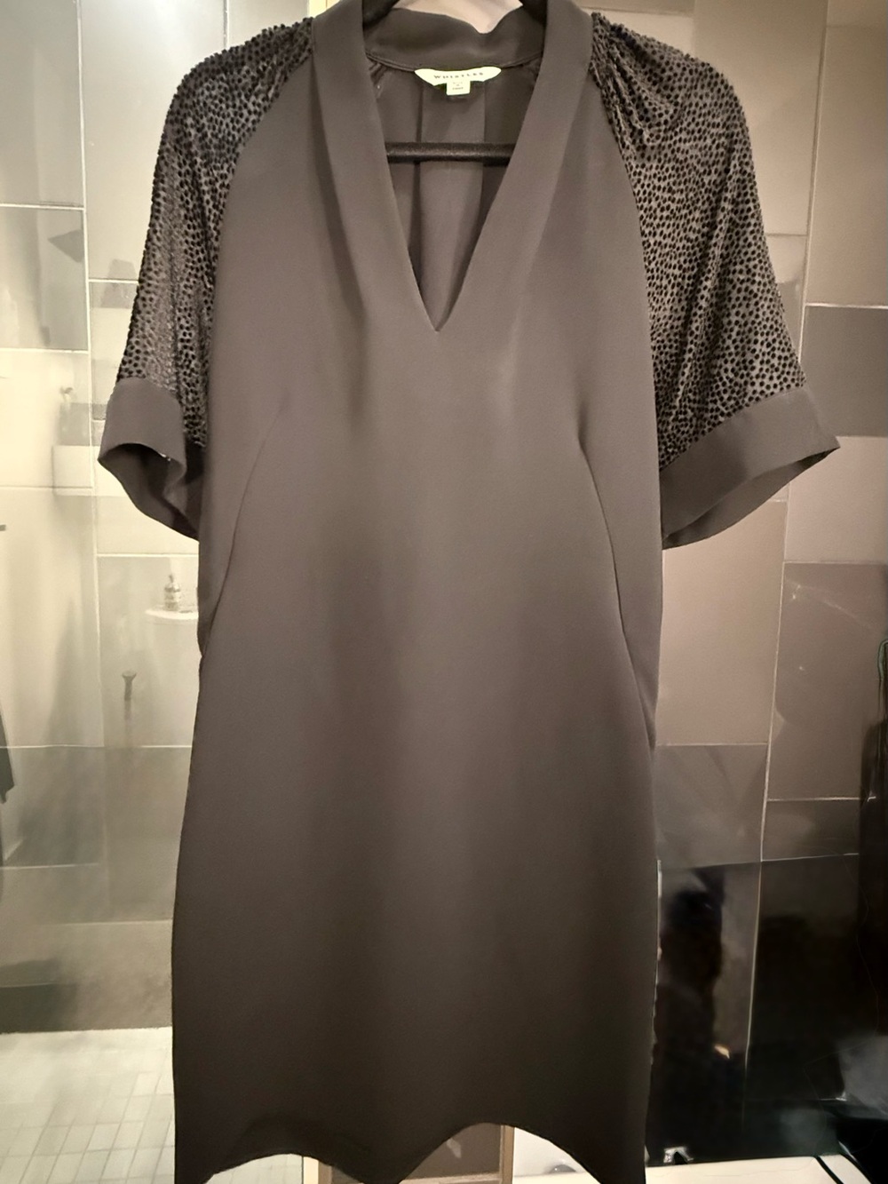 Whistles Black V-Neck Shift Dress Velvet Spot Sleeves US 4 UK 8